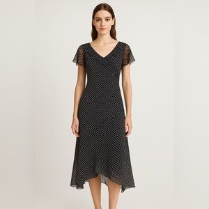 VTG Adrianna Papell Silk Chiffon Midi Dress Black Polka Dot Asymmetric Gatsby 12